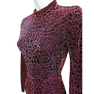 Liz & Sara Mock Neck Long Sleeve Bodysuit Textured Burgundy Black Animal Shimmer